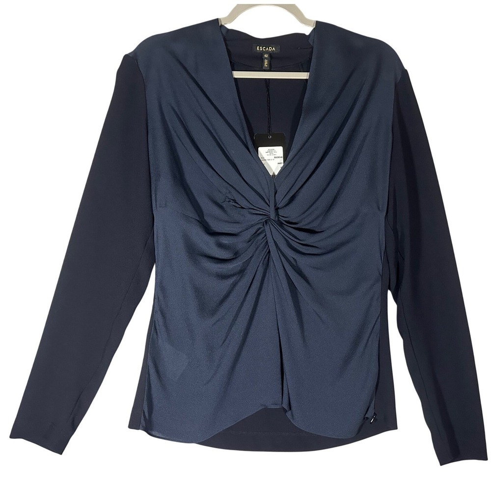 ESCADA Navy Blue Silk Blouse NWT Sz 42, Large Twist Front‎ Long Sleeve Luxury